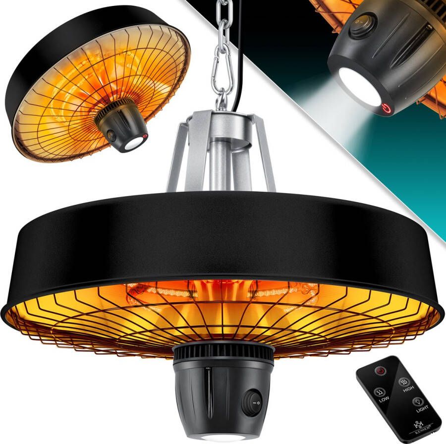 Kesser Terrasverwarmer Elektrische Verwarming voor Plafond Warmtestraler LED-licht Infrarood Heater met ketting + karabijnhaak Zwart 2500W