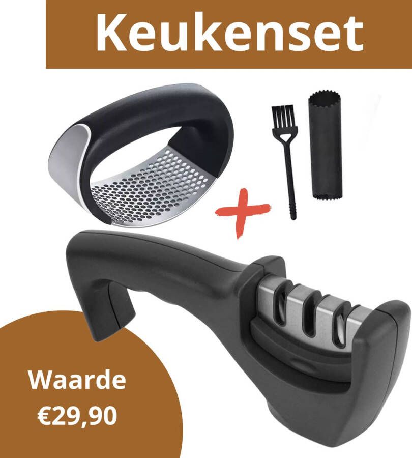 Keukenvriend.nl Keukenvriend Messenslijper met knoflookpers set Keukenvriend Keukenhulp superhandig RVS Scherpe messen