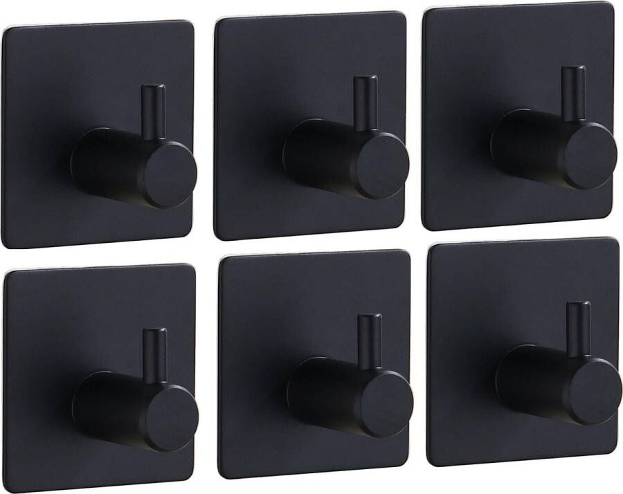 KEWARE Ophanghaken Handdoekhaakjes Zelfklevend Kapstok haken RVS Mat Zwart gepoedercoat 6 Stuks