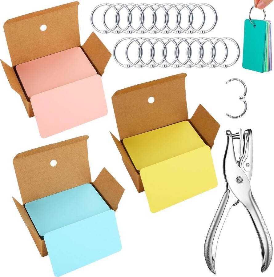 Mycramé 300 Blanco Mini Kraft Kaarten in bewaarbox Met 15 Cadeaubon Envelop Kraftpapier Flashcards\Systeemkaarten Lege Naamkaartjes Karton Cadeaulabels Kaartjes Wenskaarten\Verjaardagskaart zonder tekst Kleine Labels Steekkaarten Geel Blauw Roze