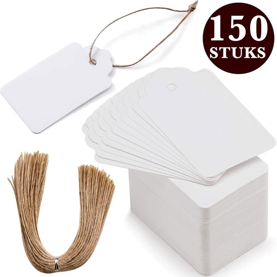 KeyAmor 150x Stuks Kraft Karton Labels met 20m Jute Touw Hart Kartonnen Cadeaulabels met Gaatje en Koord Witte Etiketten Kraftpapier Naamkaartjes Blanco Prijskaartjes\Prijslabels met Koortje 7x4cm