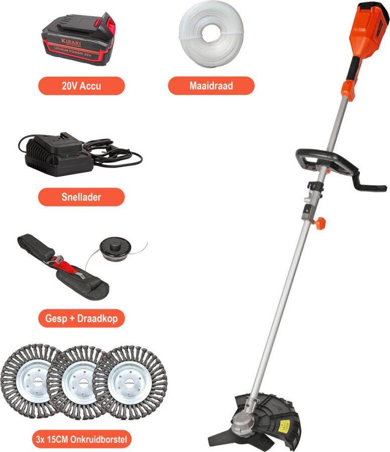Kibani Accu Bosmaaier 3x onkruidborstel 15CM Incl. 20V Accu en Oplader Elektrische Bosmaaier Grastrimmer Kantenmaaier