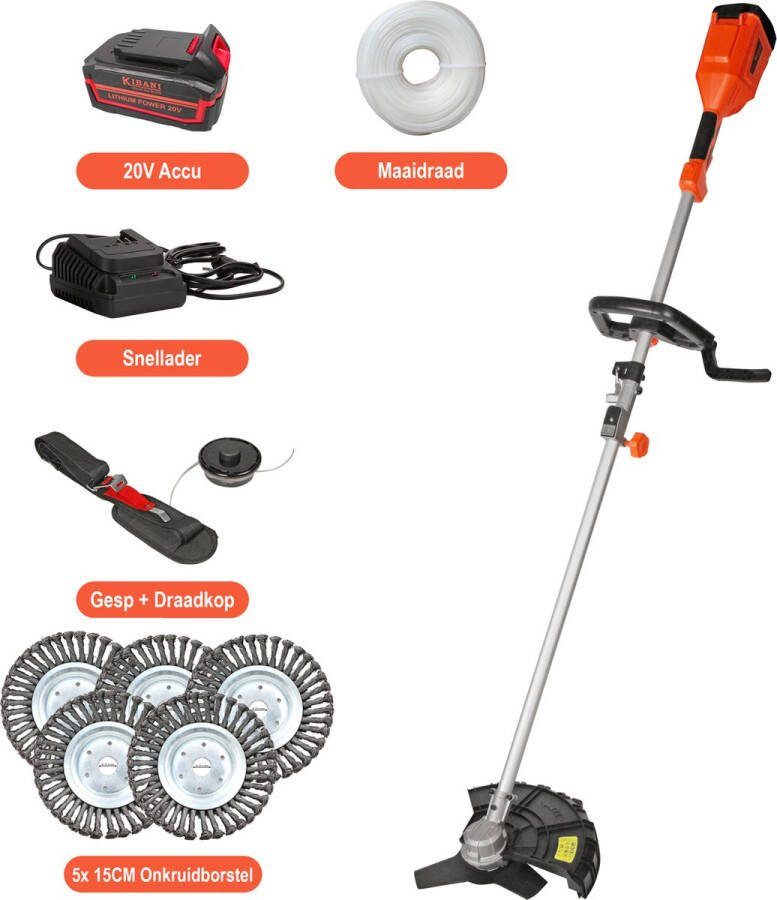 Kibani Accu Bosmaaier 5x onkruidborstel 15CM Incl. 20V Accu en Oplader Elektrische Bosmaaier Grastrimmer Kantenmaaier