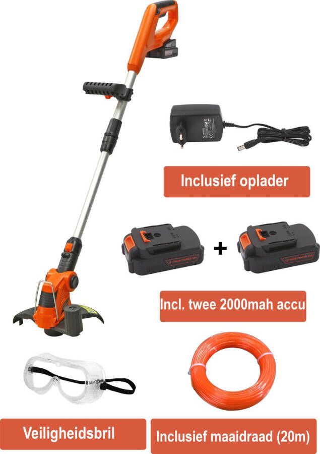 Kibani accu grastrimmer 18V inclusief extra li-ion accu 2000 mAh 20m maaidraad & beschermbril – snoerloos lichtgewicht bosmaaier kantenmaaier