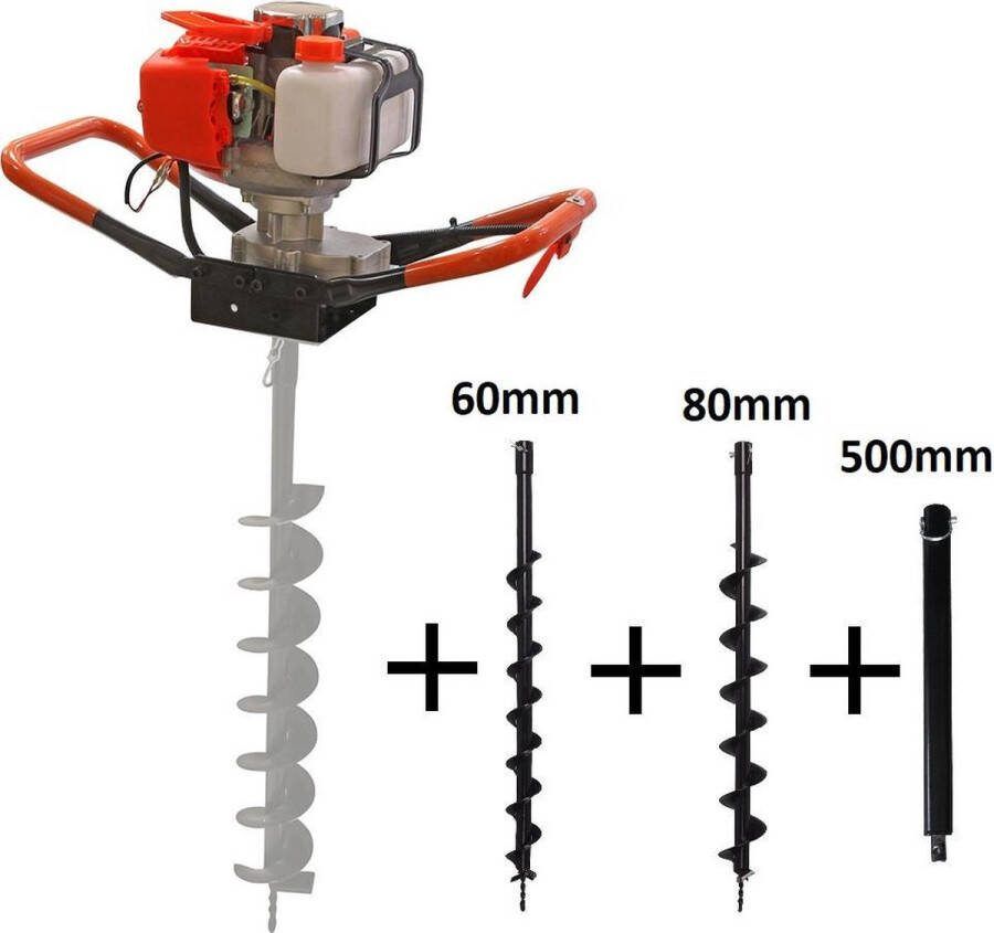 Kibani Grondboor 52cc benzine + Grondboren set 60 mm en 80 mm + Verlengstuk Palenboor Grondboor machine