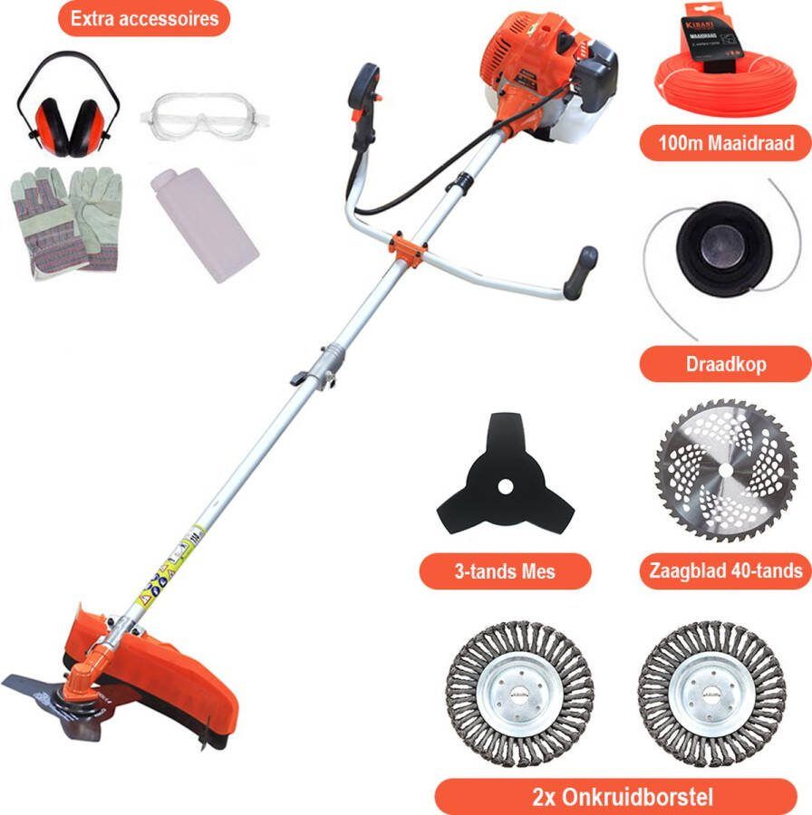 Kibani Kantenmaaier 4-in-1 – Bosmaaier Benzine 52 cc 1.9 pk 2-takt Motor – Incl. 2 Onkruidborstels Maaidraad Zaagblad 40-tands en Veiligheidsset