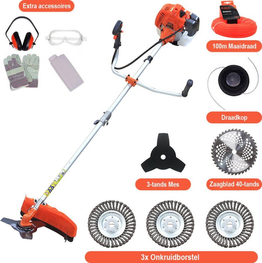 Kibani Kantenmaaier 4-in-1 – Bosmaaier Benzine 52 cc 1.9 pk 2-takt Motor – Incl. 3 Onkruidborstels Maaidraad Zaagblad 40-tands en Veiligheidsset