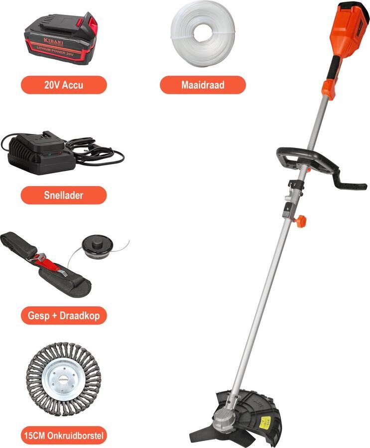 Kibani Accu Bosmaaier Incl. 20V Accu en Oplader Elektrische Bosmaaier met 15CM Onkruidborstel Grastrimmer Kantenmaaier