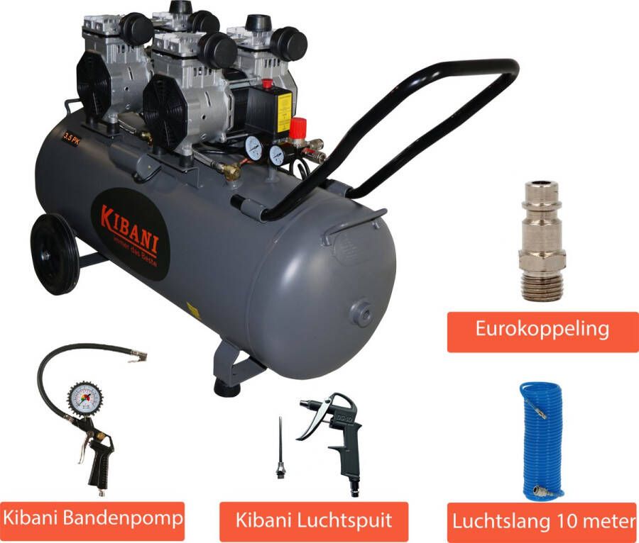 Kibani super stille compressor 100 Liter Incl. luchtslang eurokoppeling & bandenpomp olievrij 8 BAR 63 dB Low Noise Compressoren 100L