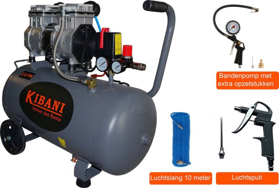 Kibani Super stille compressor 50 liter + luchtslang + bandenpomp SET Low Noise Compressoren 50L