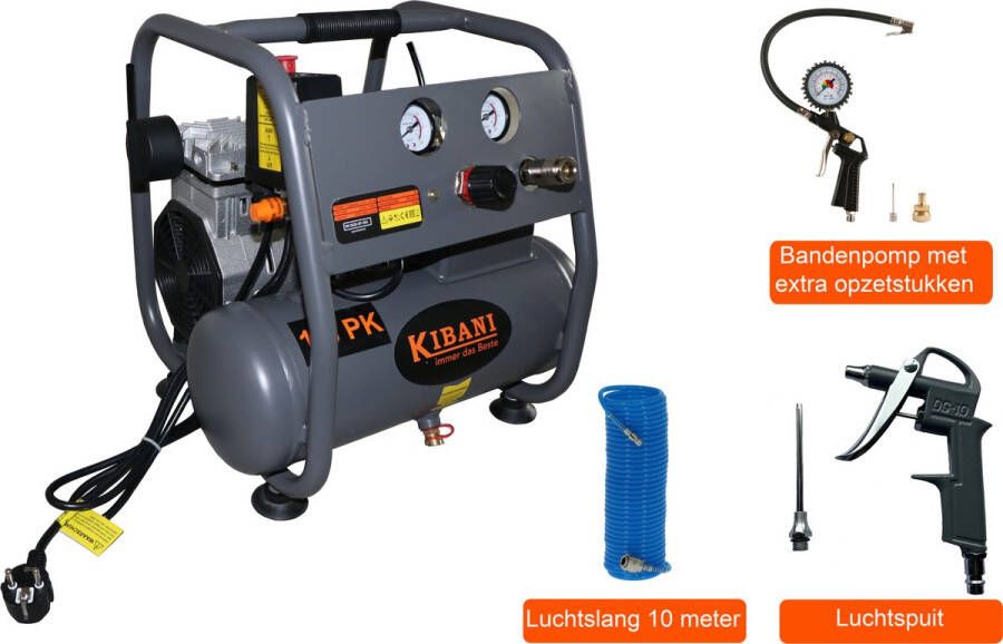 Kibani Super stille compressor 6 liter + luchtslang + luchtspuit + bandenpomp SET Compressoren Luchtdruk Luchtdrukgereedschap Gereedschap Luchtcompressor 6L