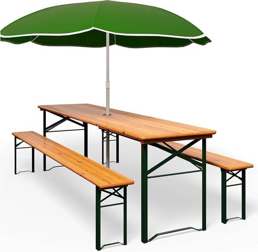 Kibus Biertafel met Parasol houder Picknicktafel Bierbank en tafel set 3-delig Tafel 170x46x75cm Bank 170x23x46cm Picknick Camping Kinderfeestje