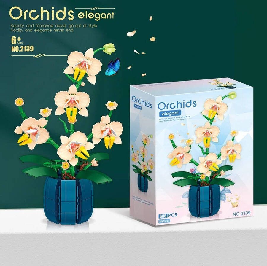 Kibus Bouwstenen Orchidee Wit met Blauw Bloemen Bouwset 606stukjes Details Bouwstenenset