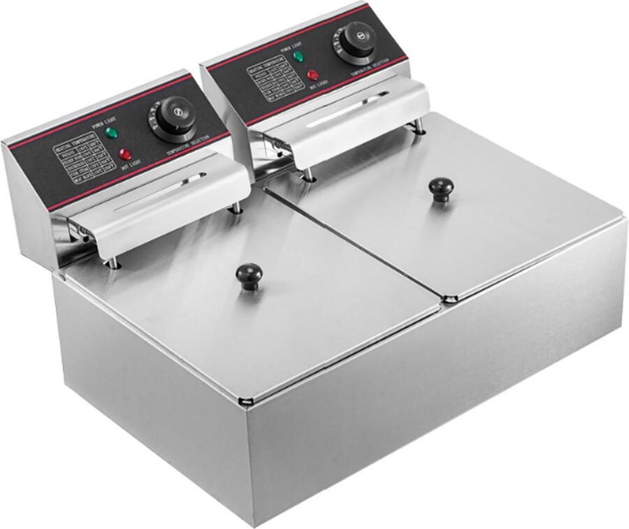 Kibus Dubbele Friteuse Professioneel 2x 6Liter 12L 2x 2500W 220V Afzonderlijke Schakeling Frituur Frituurpan Inclusief Frietschep & 5 Schuursponzen