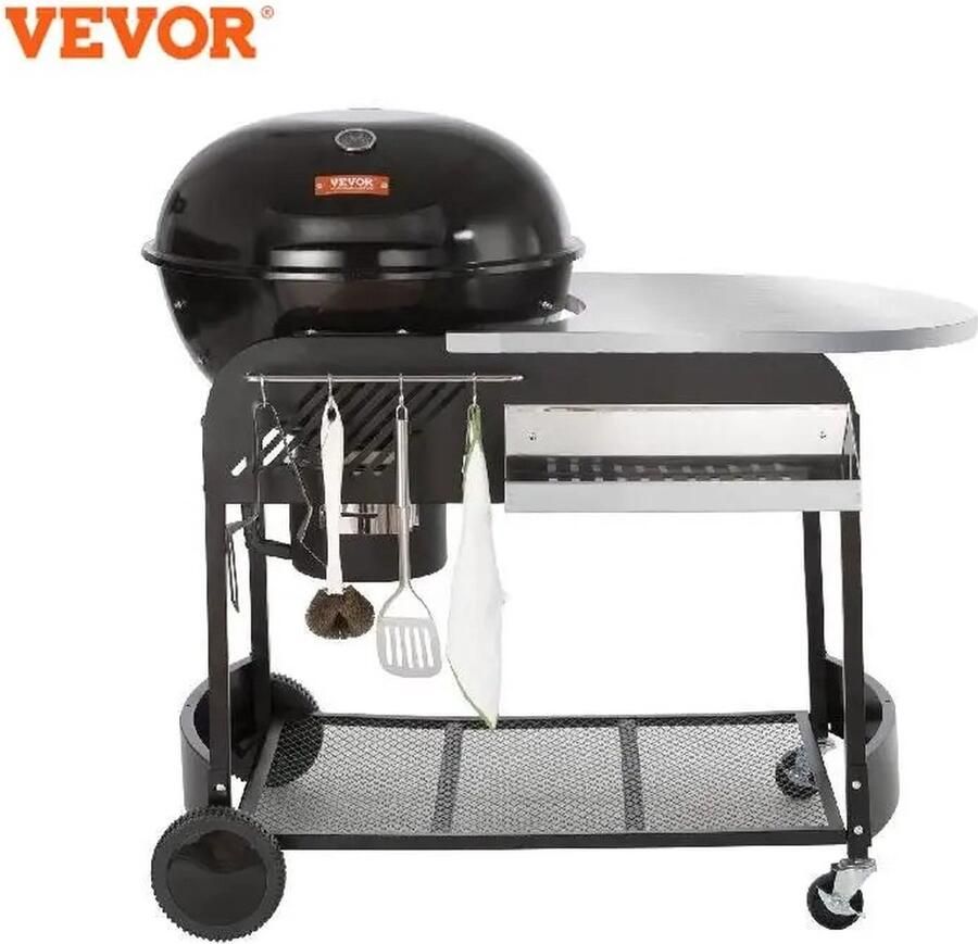 Kibus Houtskoolbarbecue Grill Ketel Met wielen Onderstel Bijzettafel Houtskool BBQ Barbecue Temperatuurmeter 13 hamburgers