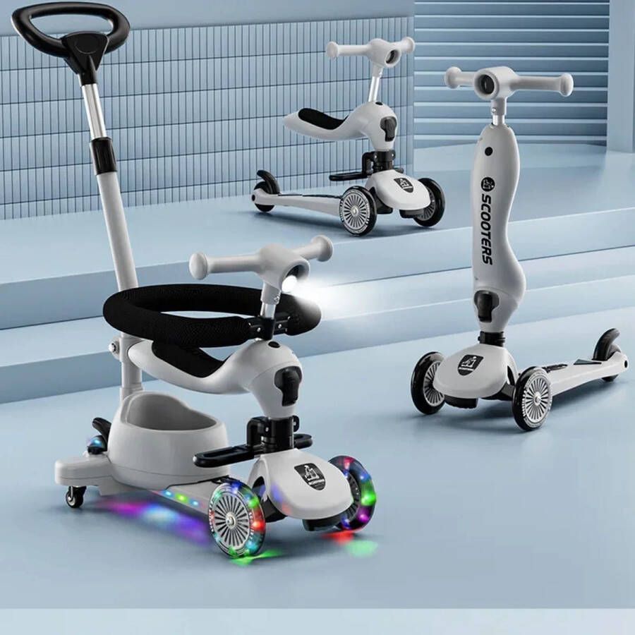 Kibus Kinder Step 3in1 Loopfiets Scooter Driewieler In hoogte verstelbaar Meegroei Met lampjes en Muziek Grijs