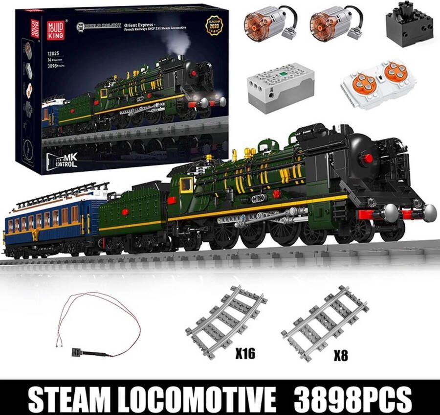 Kibus Technisch Speelgoed Stoomlocomotief Gemotoriseerd Bestuurbaar Constructie Bouw pakket 3898 Bouwstenen Inclusief LEDs en Rails