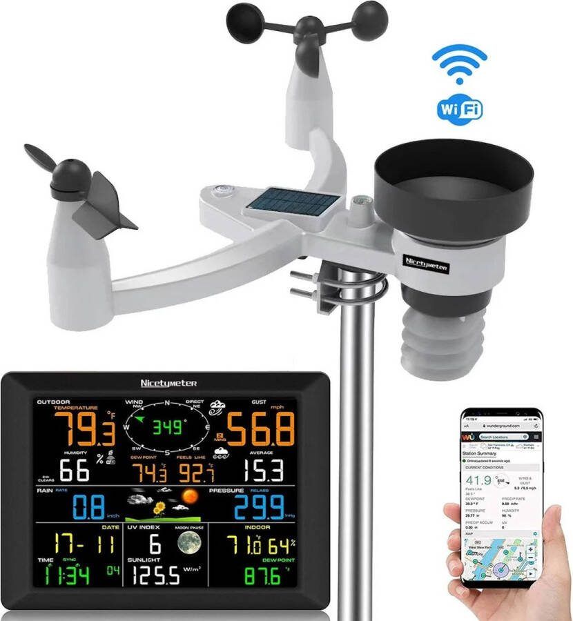 Kibus Weerstation 7 in 1 Voorspellingen Draadloos kleurenconsole Wi-Fi Outdoor Indoor Temperatuur Excl. batterijen