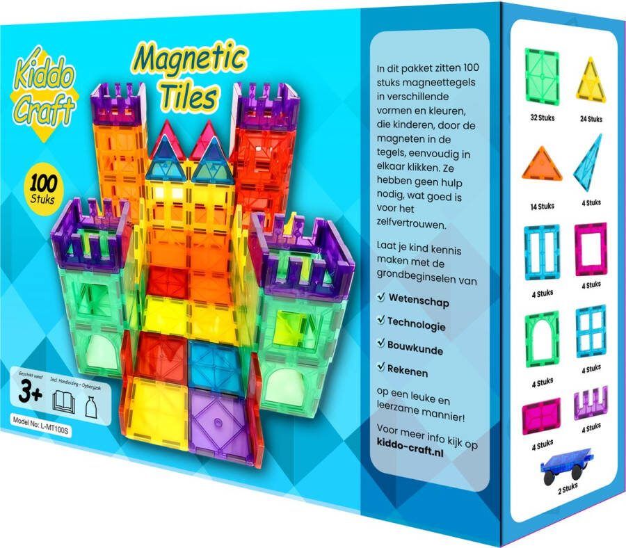 Kiddo Craft Magnetic Tiles 100 Stuks Magnetisch Montessori Speelgoed 3 tot 12 Jaar Magnetische Tegels Bouwstenen Educatief