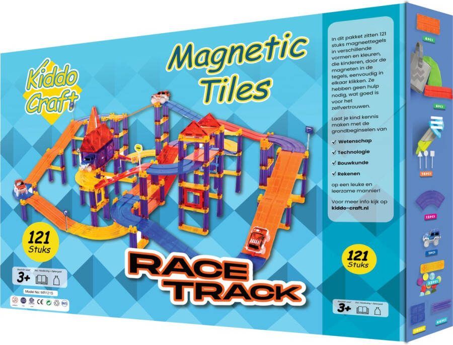 Kiddo Craft Magnetic Tiles Racebaan 121 Stuks Magnetisch Montessori Speelgoed 3 tot 12 Jaar Magnetische Tegels Bouwstenen Educatief