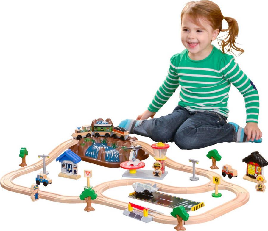 KidKraft Bucket Top Mountain-treinset met 61 onderdelen magnetische trein houten rails en opbergruimte Treinbaan