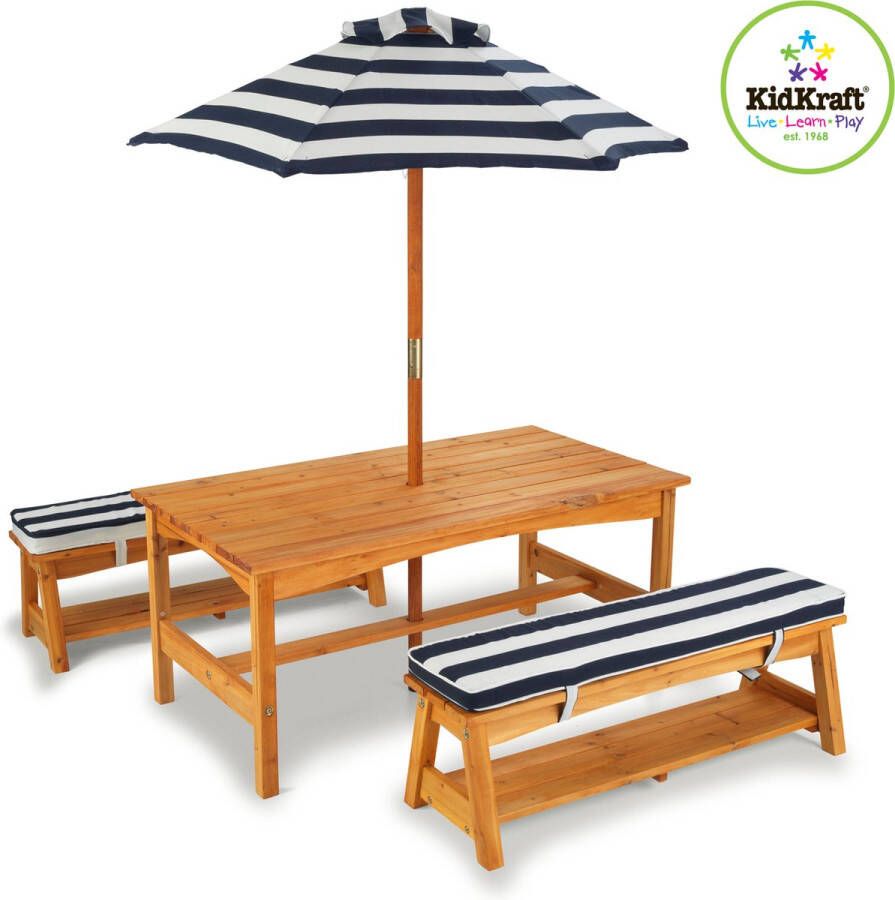 Kidkraft Buitenset Van Tafel En Bankjes + Kussens En Parasol Marineblauw Met Witte Strepen