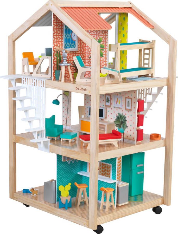 KidKraft So Stylish groot Houten Poppenhuis met 42 accessoires voor poppen van 30 cm