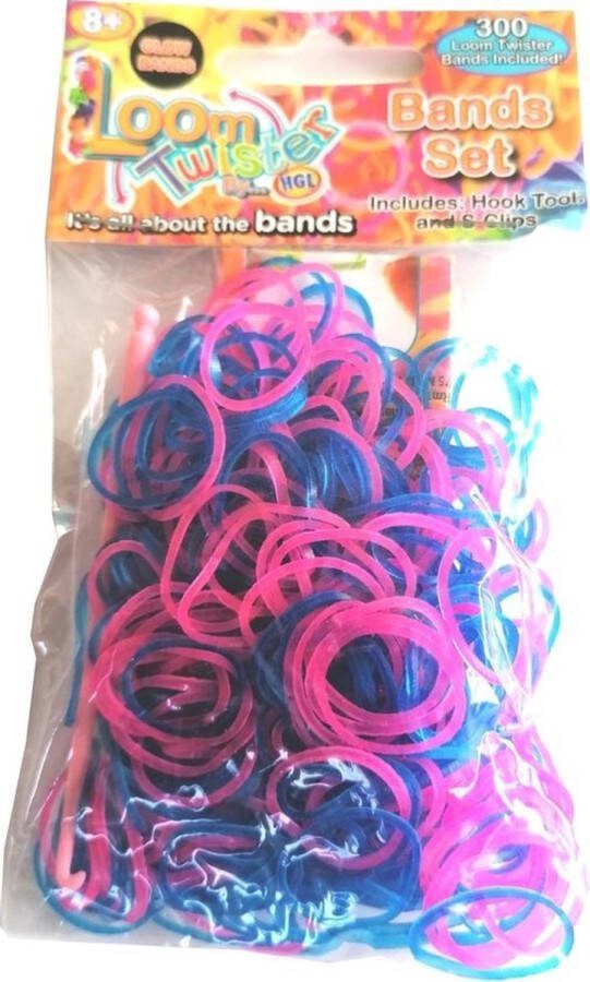 Kids Cadeau Shop Loom Bandjes Glow in the dark Mix Blauw Roze 300 stuks Loombandjes Loomelastiekjes Elastiekjes Inlcusief S-Clips Haakjes Loom Twister