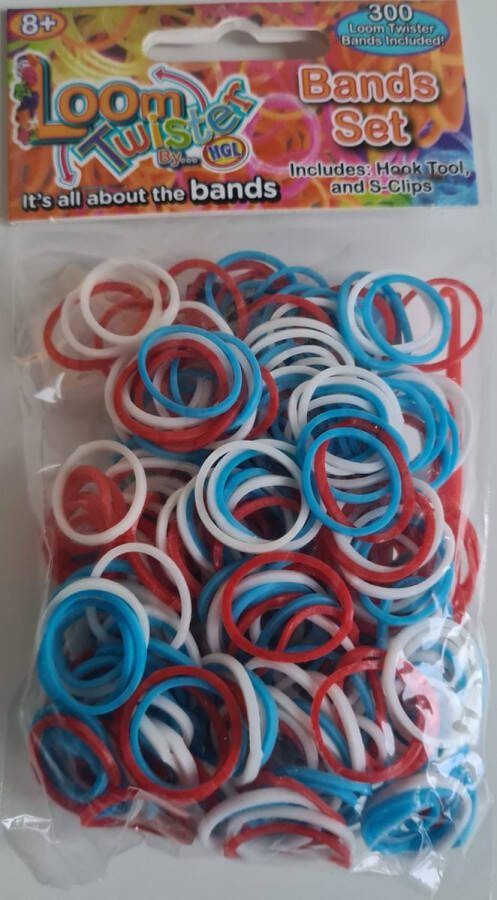 Kids Cadeau Shop Loom Bandjes Rood Wit Blauw 300 stuks loombandjes Loom Twister Elastiekjes Loomelastiekjes Inclusief S-clips haakjes