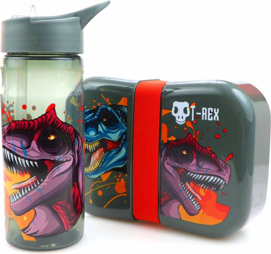 Kids Dino T-Rex broodtrommel + drinkfles Dinosaurus stoere lunchbox met drinkbeker kinderen BPA vrij LS30