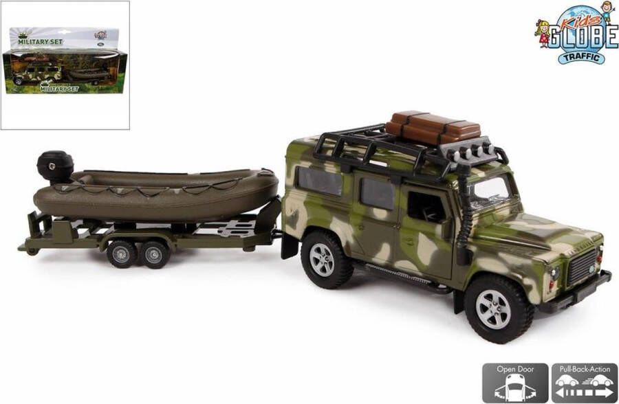 Kids GLOBE Auto pb Land Rover en aanhanger met boot military: 27 cm