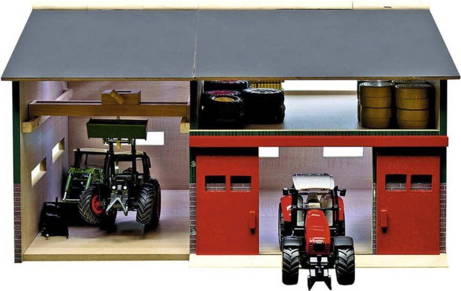 Kids Globe Farming Kids Globe werkplaats met berging en rode deuren 1:32 41x54x32cm