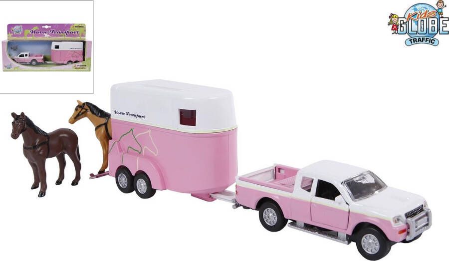 Kids GLOBE Van Manen – Mitsubishi Pick-Up met Paardentrailer – Speelgoedauto – Roze en Wit – 27 cm