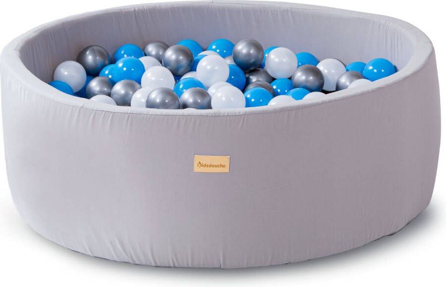 Kidsdouche Ballenbak baby speelgoed 6 maanden blauw 100% KATOEN ballenbad ballen 200 stuks Ø 7 cm grijs blauw zilver parel