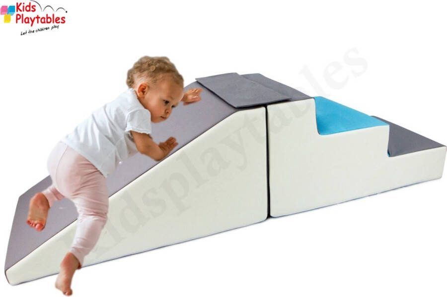 Kidsplaytables Midi glijbaan Blauw-Grijs-Wit Zachte Soft Play Foam Blokken 2-delige set grote speelblokken motoriek baby speelgoed foamblokken reuze bouwblokken Soft play peuter speelgoed schuimblokken