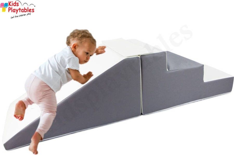 Kidsplaytables Midi glijbaan Grijs-Wit Zachte Soft Play Foam Blokken 2-delige set grote speelblokken motoriek baby speelgoed foamblokken reuze bouwblokken Soft play peuter speelgoed schuimblokken