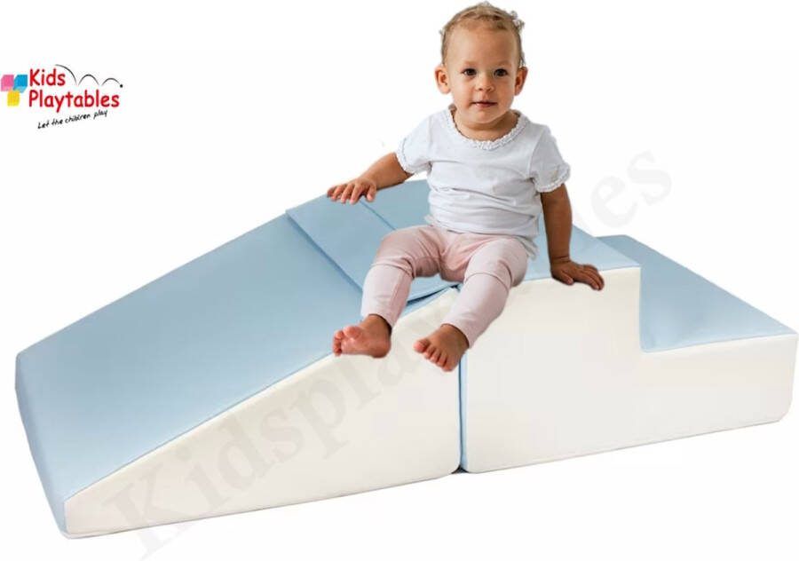 Kidsplaytables Mini glijbaan Blauw-Wit Zachte Soft Play Foam Blokken 2-delige set grote speelblokken motoriek baby speelgoed foamblokken reuze bouwblokken Soft play peuter speelgoed schuimblokken