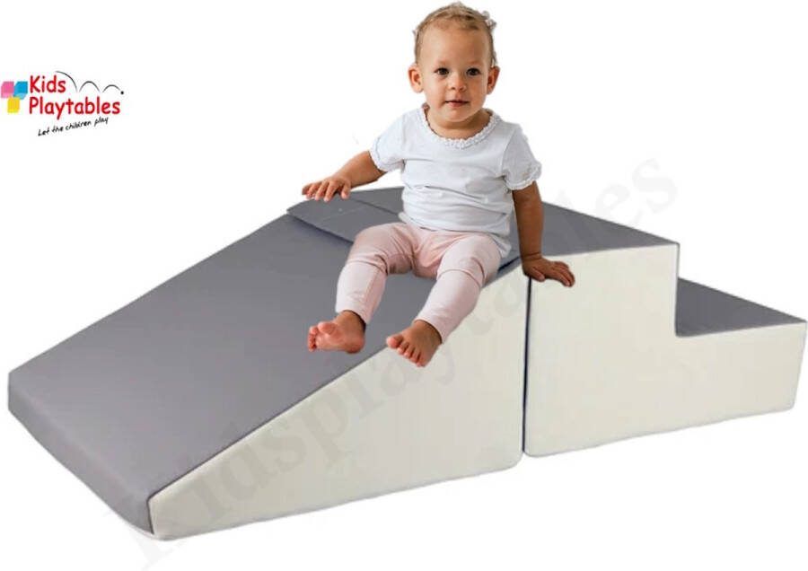 Kidsplaytables Mini glijbaan Grijs-Wit Zachte Soft Play Foam Blokken 2-delige set grote speelblokken motoriek baby speelgoed foamblokken reuze bouwblokken Soft play peuter speelgoed schuimblokken