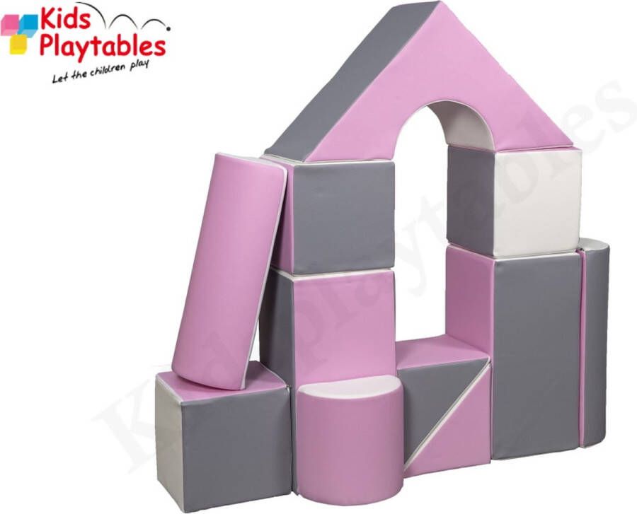Kidsplaytables Soft Play Foam Blokken set 11 stuks grijs-wit-roze speelblokken baby speelgoed foamblokken bouwblokken Soft play speelgoed schuimblokken