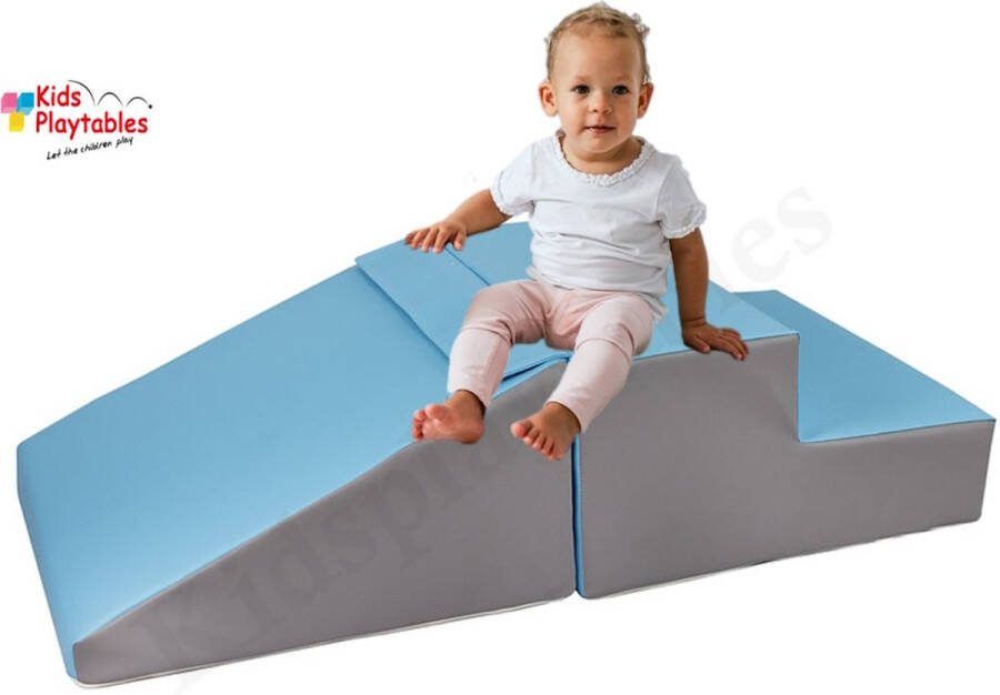 Kidsplaytables Mini glijbaan Blauw-Grijs-Wit Zachte Soft Play Foam Blokken 2-delige set grote speelblokken motoriek baby speelgoed foamblokken reuze bouwblokken Soft play peuter speelgoed schuimblokken