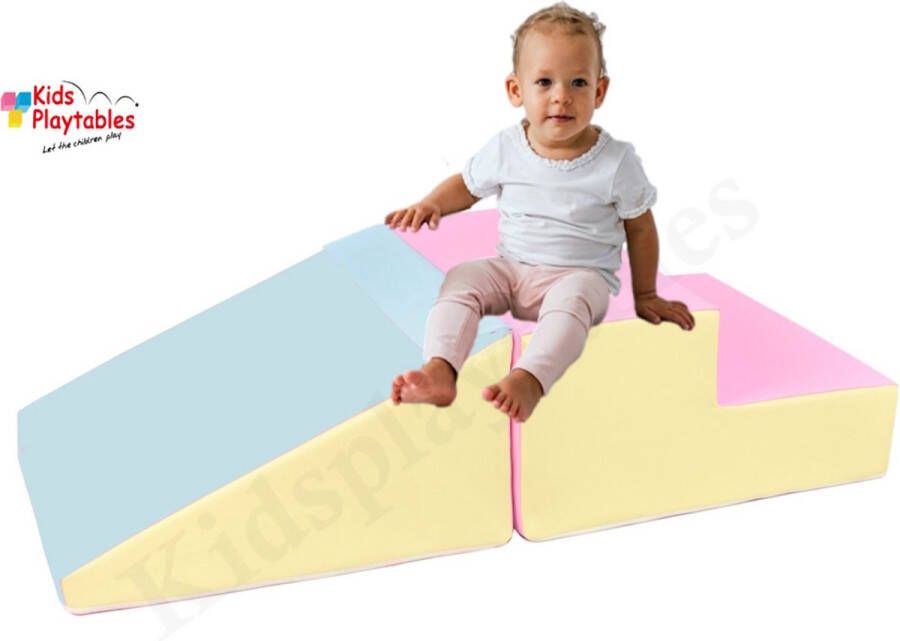 Kidsplaytables Zachte Soft Play Foam Blokken 2-delige set glijbaan Pastel roze-geel-blauw| grote speelblokken motoriek baby speelgoed foamblokken reuze bouwblokken Soft play peuter speelgoed schuimblokken