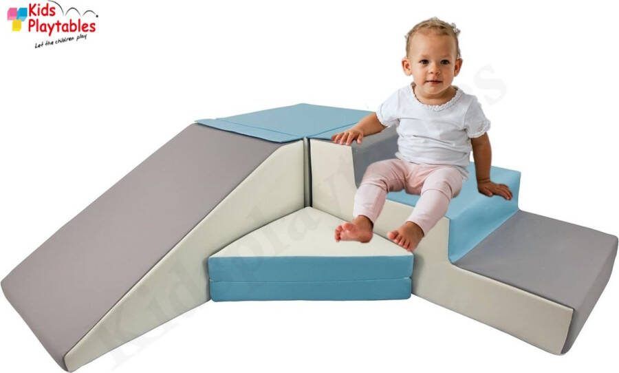 Kidsplaytables Zachte Soft Play Foam Blokken 4-delige set glijbaan met trap Blauw-Grijs grote speelblokken motoriek baby speelgoed foamblokken reuze bouwblokken Soft play peuter speelgoed schuimblokken