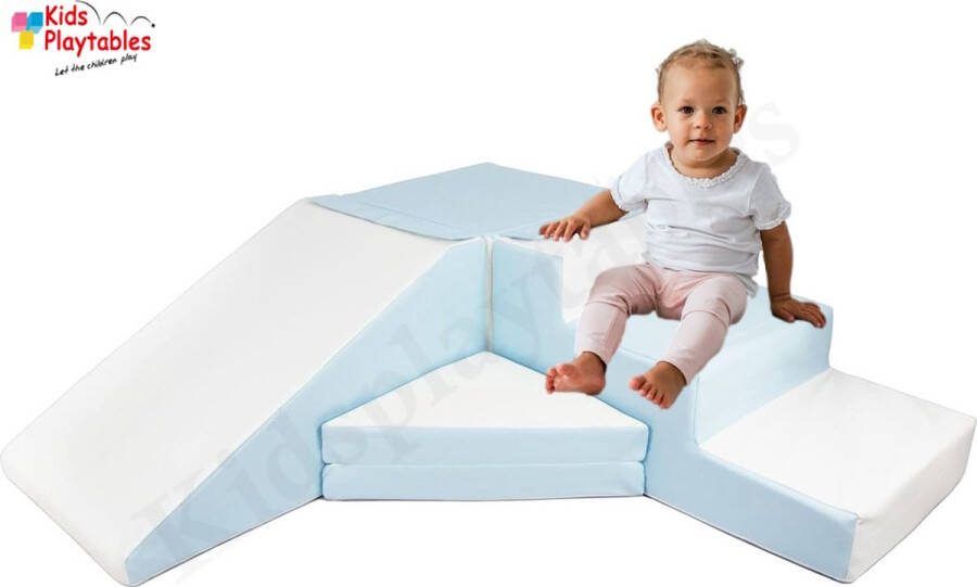 Kidsplaytables Zachte Soft Play Foam Blokken 4-delige set glijbaan met trap blauw-wit grote speelblokken motoriek baby speelgoed foamblokken reuze bouwblokken Soft play peuter speelgoed schuimblokken