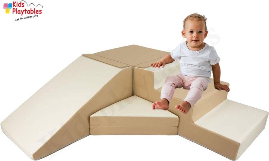 Kidsplaytables Zachte Soft Play Foam Blokken 4-delige set glijbaan met trap Creme-Wit grote speelblokken motoriek baby speelgoed foamblokken reuze bouwblokken Soft play peuter speelgoed schuimblokken