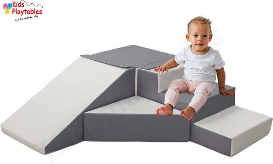 Kidsplaytables Zachte Soft Play Foam Blokken 4-delige set glijbaan met trap Grijs-Wit grote speelblokken motoriek baby speelgoed foamblokken reuze bouwblokken Soft play peuter speelgoed schuimblokken