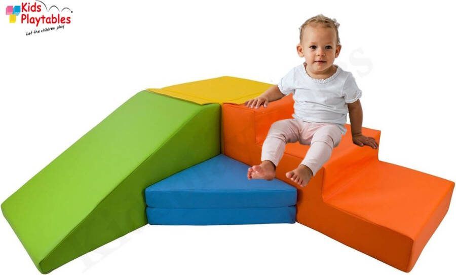 Kidsplaytables Zachte Soft Play Foam Blokken 4-delige set glijbaan met trap Multicolor grote speelblokken motoriek baby speelgoed foamblokken reuze bouwblokken Soft play peuter speelgoed schuimblokken