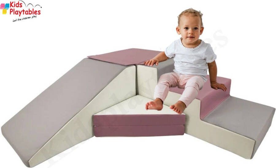 Kidsplaytables Zachte Soft Play Foam Blokken 4-delige set glijbaan met trap Paars-Grijs grote speelblokken motoriek baby speelgoed foamblokken reuze bouwblokken Soft play peuter speelgoed schuimblokken