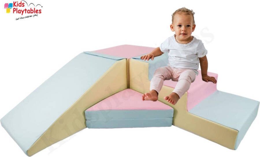 Kidsplaytables Zachte Soft Play Foam Blokken 4-delige set glijbaan met trap Pastel roze-geel-blauw grote speelblokken motoriek baby speelgoed foamblokken reuze bouwblokken Soft play peuter speelgoed schuimblokken