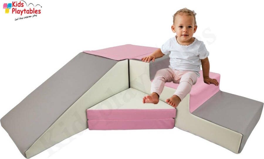 Kidsplaytables Zachte Soft Play Foam Blokken 4-delige set glijbaan met trap Roze-Grijs grote speelblokken motoriek baby speelgoed foamblokken reuze bouwblokken Soft play peuter speelgoed schuimblokken