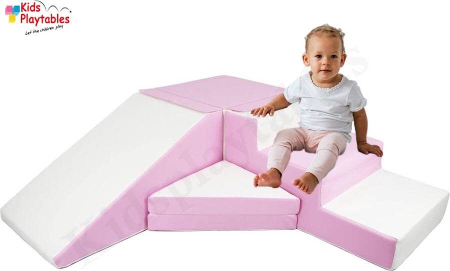 Kidsplaytables Zachte Soft Play Foam Blokken 4-delige set glijbaan met trap Roze-Wit grote speelblokken motoriek baby speelgoed foamblokken reuze bouwblokken Soft play peuter speelgoed schuimblokken